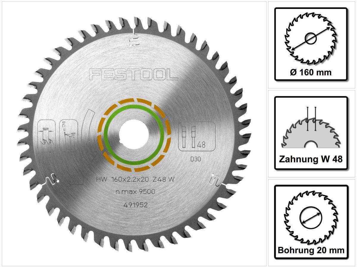 Festool Feinzahn Kreissägeblatt HW 160 x 20 x 2,2 mm W48 160 mm 48 Zähne ( 491952 )
