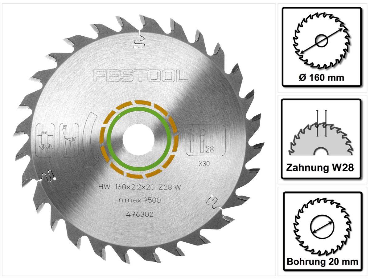 Festool Universal Kreissägeblatt W28 160 x 2,2 x 20 mm 160 mm 28 Zähne ( 496302 ) TS TSC ATF AP