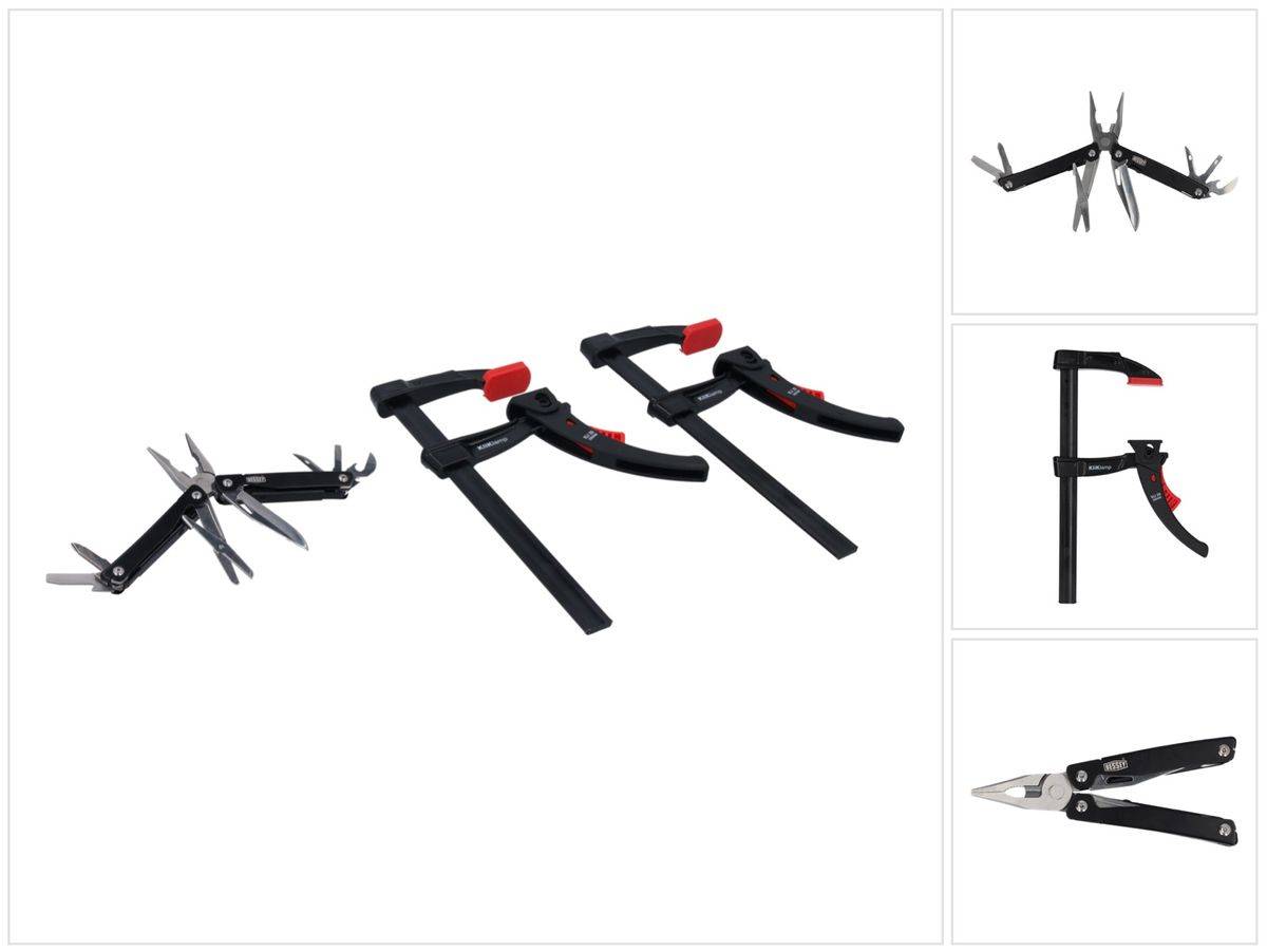 Bessey KLI-SET-A 2x KliKlamp Kli 20 Black Edition Set + Multitool 7+1 Zange, Messer, Schere, Schraubendreher, Dosenöffner, Pfeile, Ahle mit Öhr