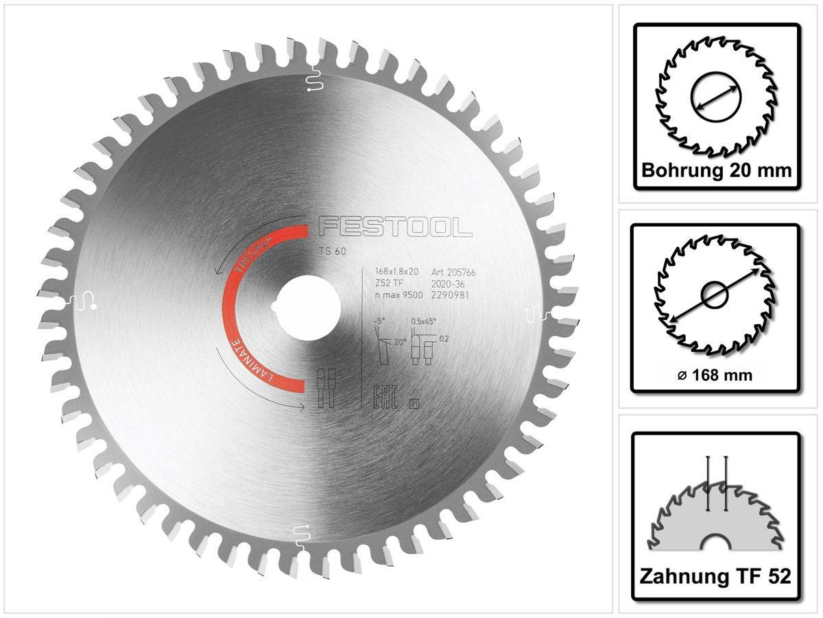 Festool Kreissägeblatt Laminate/HPL HW TF 152 168 x 1,8 x 20 PW16 ( 205766 ) für TS 60 K, CSC-SYS 50