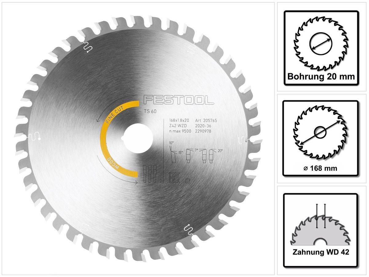 Festool Kreissägeblatt Wood Fine Cut HW 168 x 1,8 x 20 WD42 ( 205765 ) für TS 60 K, CSC-SYS 50