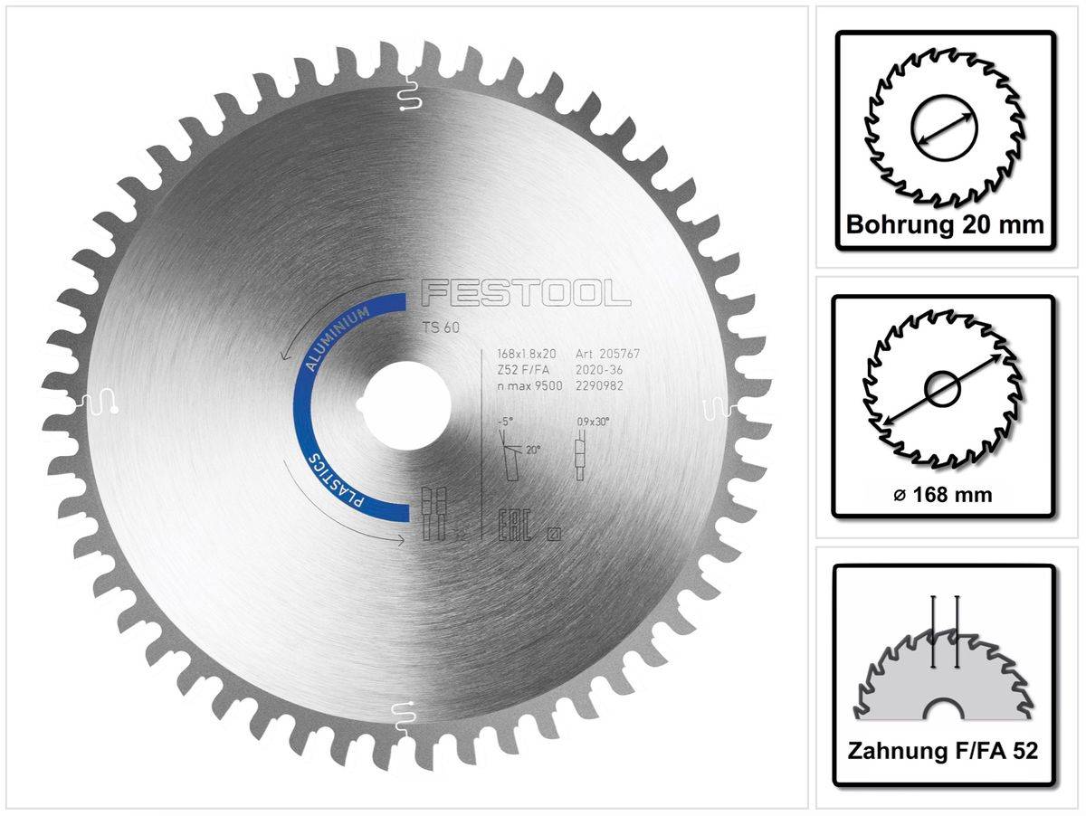 Festool Kreissägeblatt Aluminium / Plastics HW F/FA 52 168 x 1,8 x 20 PW16 ( 205767 ) für TS 60 K, CSC-SYS 50