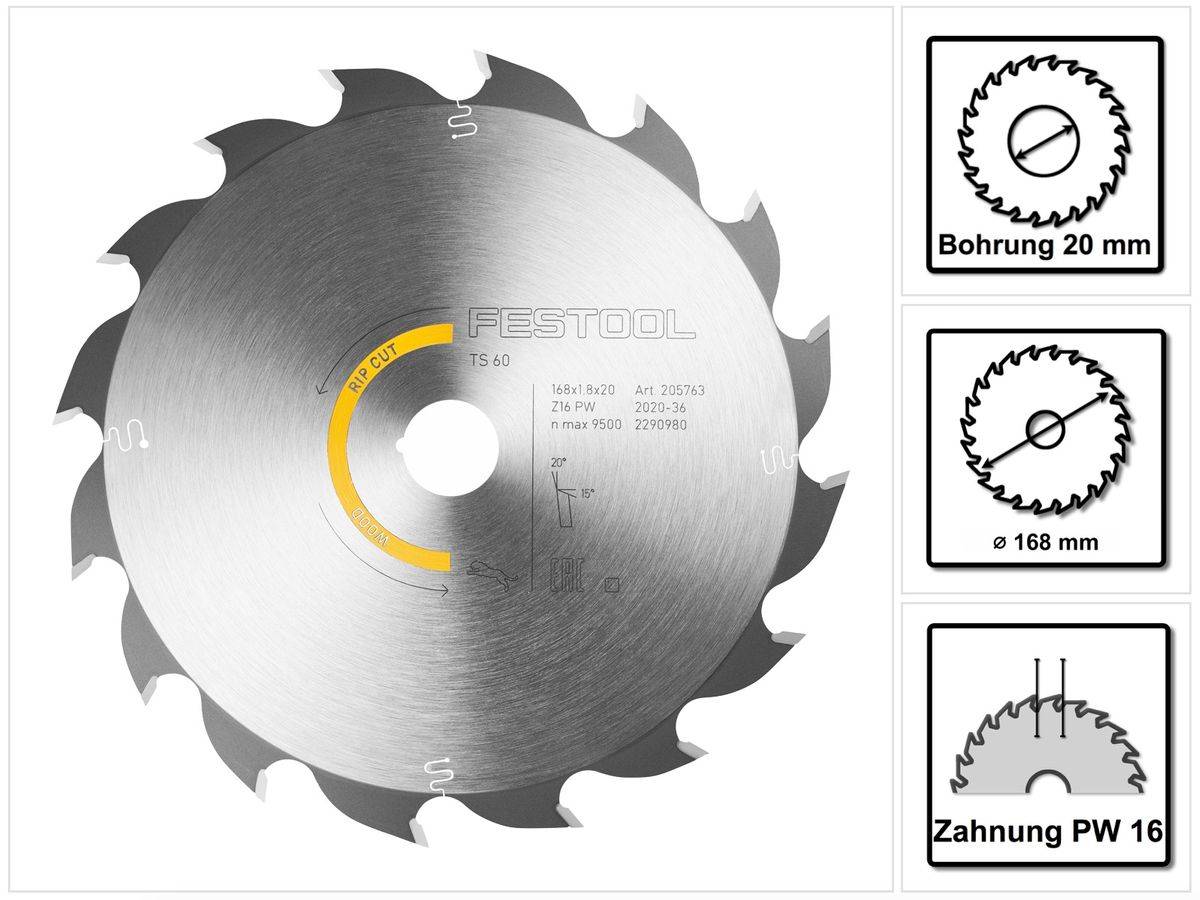 Festool Kreissägeblatt Wood Rip Cut HW 168 x 1,8 x 20 PW16 ( 205763 ) für TS 60 K, CSC-SYS 50