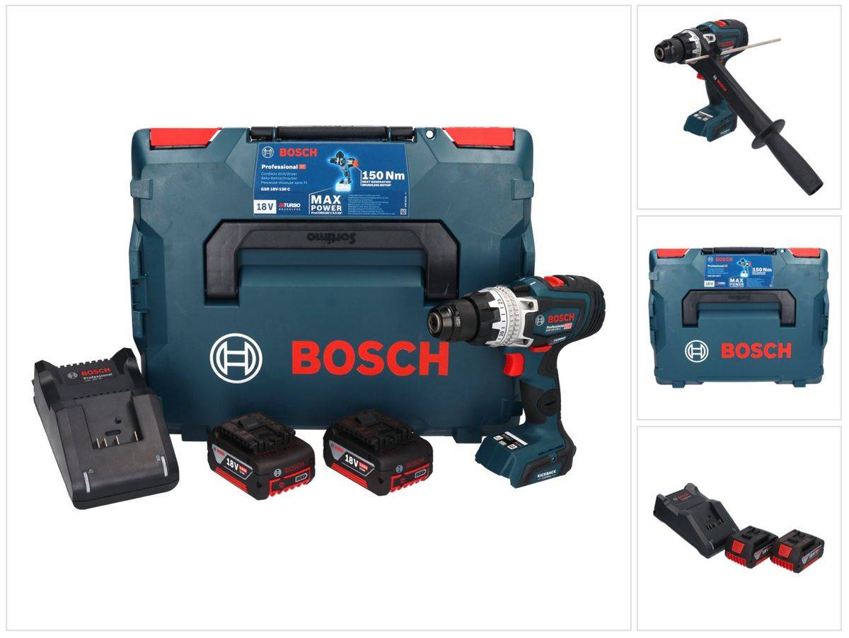 Bosch GSR 18V-150 C Professional Akku Bohrschrauber 18 V 150 Nm Biturbo Brushless + 2x Akku 5,0 Ah + Ladegerät + L-Boxx