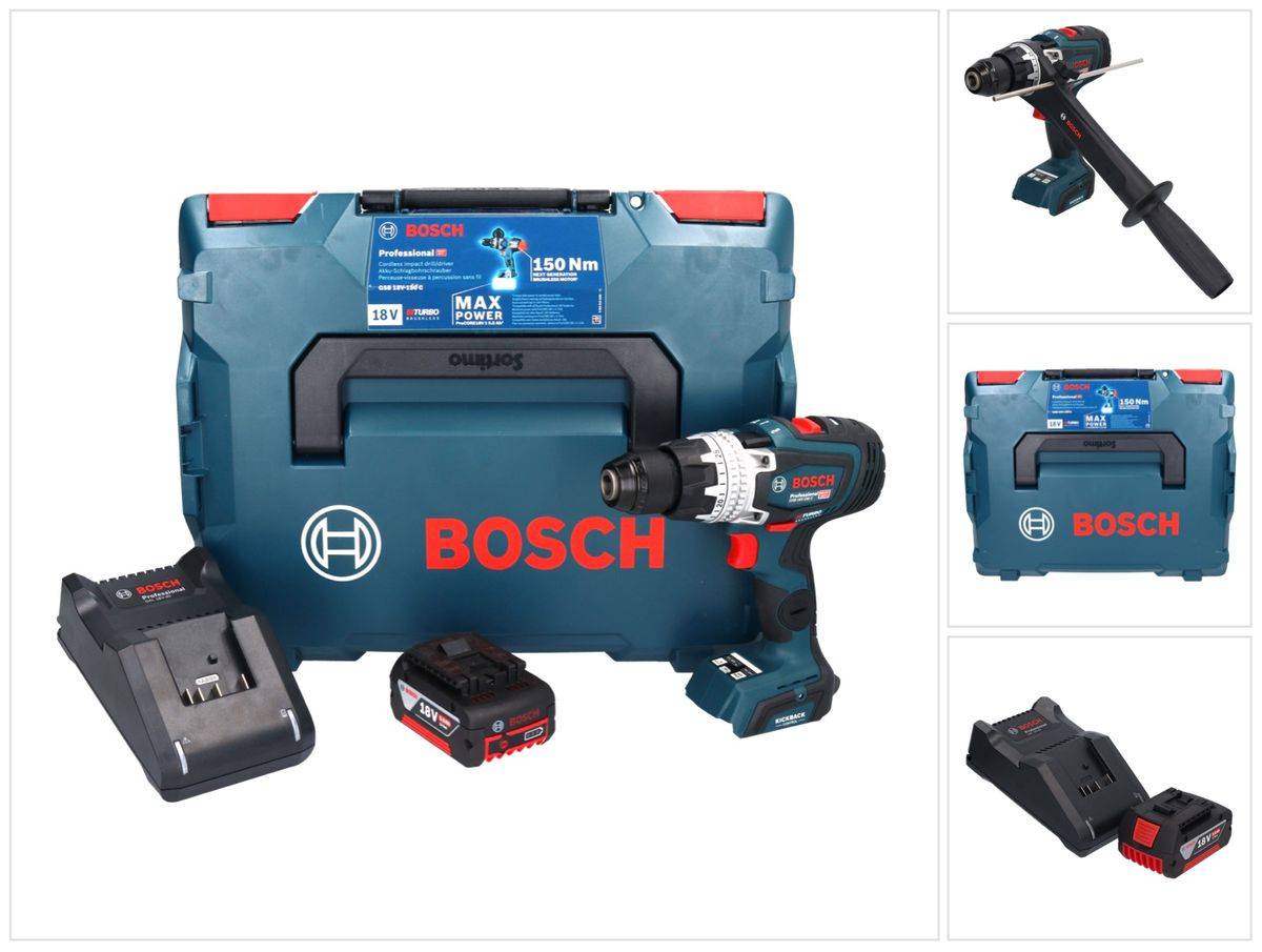 Bosch GSB 18V-150 C Professional Akku Schlagbohrschrauber 18 V 150 Nm Biturbo Brushless + 1x Akku 5,0 Ah + Ladegerät + L-Boxx
