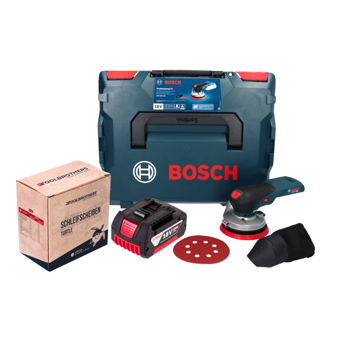 Bosch GEX 18V-125 Professional Akku Exzenterschleifer 18 V 125 mm Brushless + 1x Akku 5,0 Ah + 1x Toolbrothers TURTLE Schleifset + L-BOXX - ohne