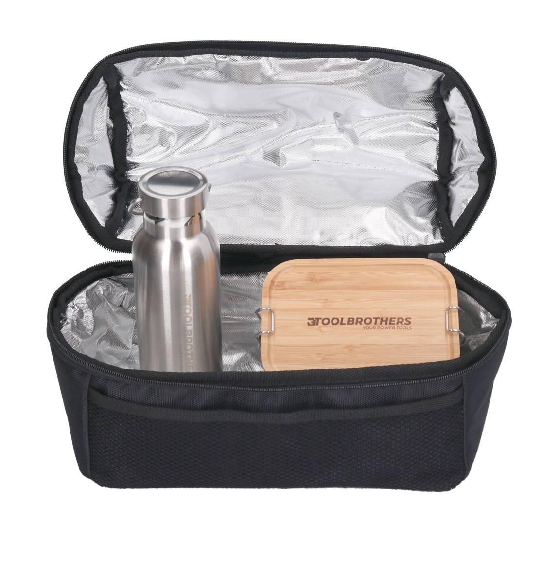 Toolbrothers Lunchpaket mit Makita Isoliertasche + Toolbrothers Fan Edelstahl Brotdose mit 2 Etagen und Bambus Decke 1340 ml + Edelstahl