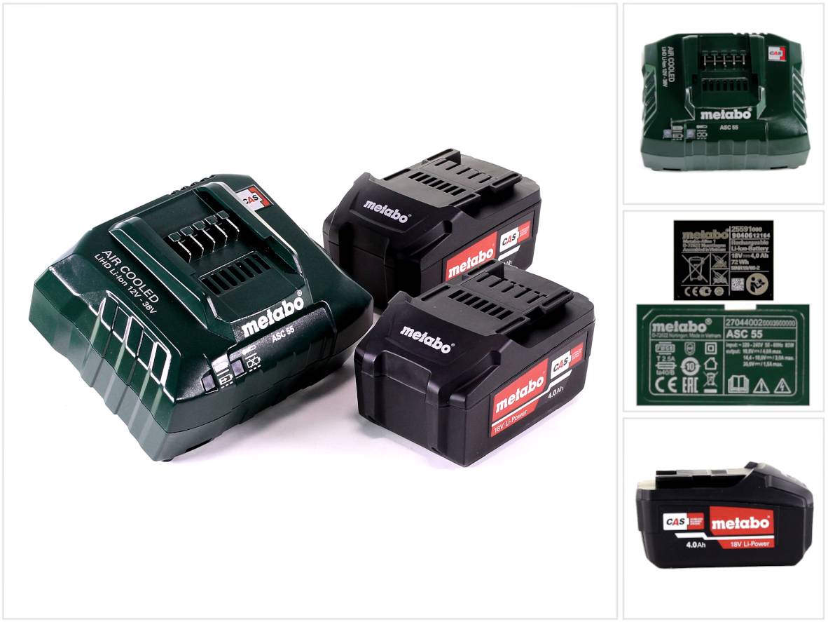 Metabo Basis Set 2x Li-Power Akkupack 18 V 4,0 Ah CAS Li-Ion Akku + Ladegerät ASC 55 ( 685050380 )