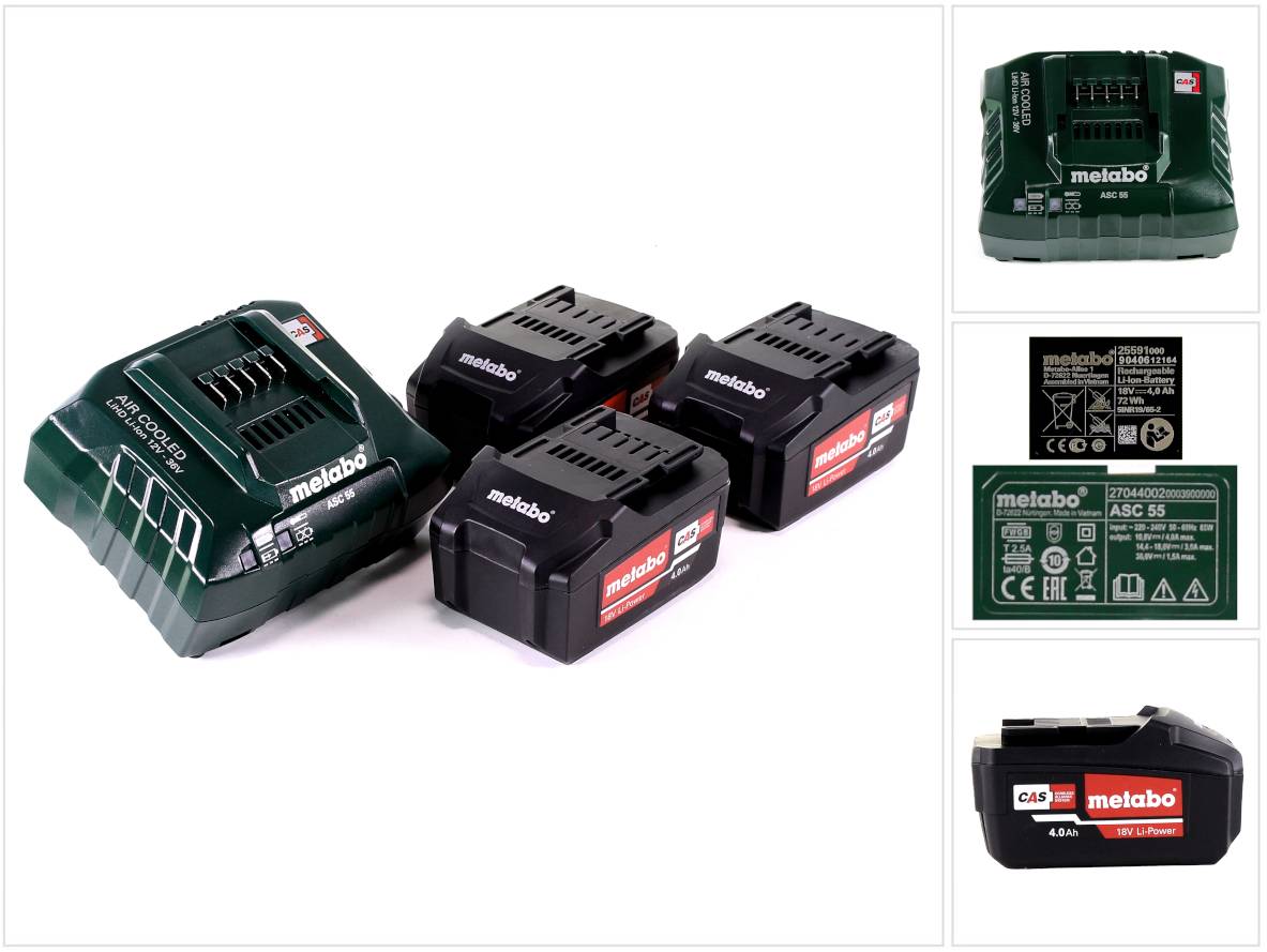 Metabo Basis Set 3x Li-Power Akkupack 18 V 4,0 Ah CAS Li-Ion Akku + Ladegerät ASC 55 ( 685049000 )
