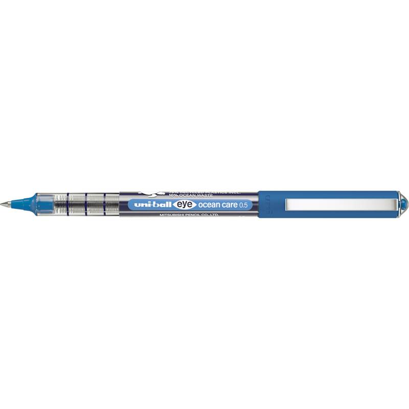 Blauer Uni-ball Eye Ocean Care 0,5er Stift mit klarem Griff und Kappe, horizontal auf weißem Hintergrund abgebildet.