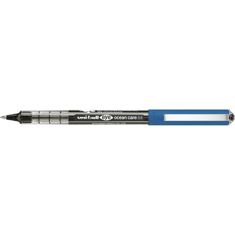 Schwarzer Uni-ball Eye Ocean Care Gelstift mit 0,5 mm Spitze, blauer Kappe und transparentem Schaft auf weißem Hintergrund.