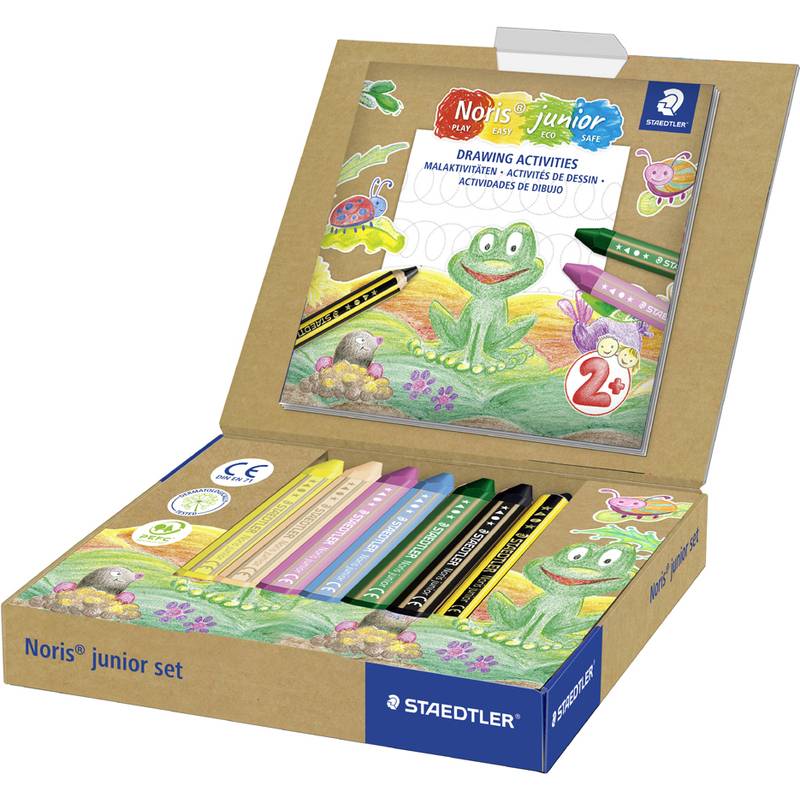 Geöffnete Staedtler Noris junior Packung mit acht Buntstiften, auf deren Verpackung eine Cartoon-Froschzeichnung zu sehen ist, speziell für junge Kinder entwickelt.