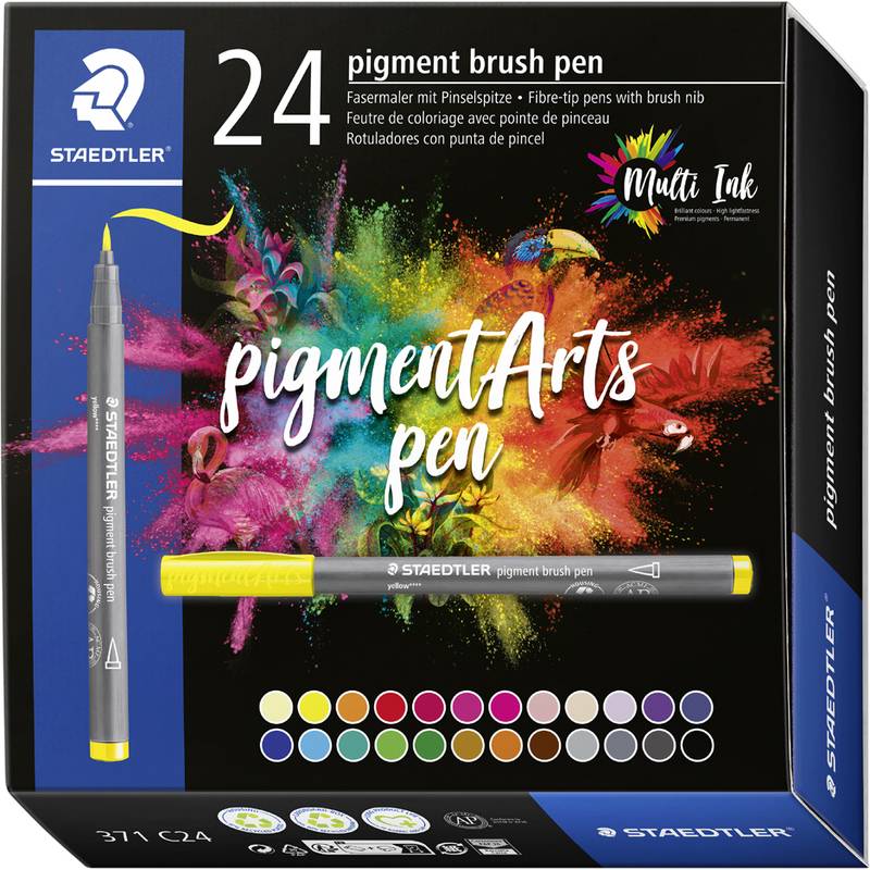 Verpackung für STAEDTLER Pigment Arts Stiftset, 24 Pigment-Pinselstifte in Mehrfarben-Sortiment.