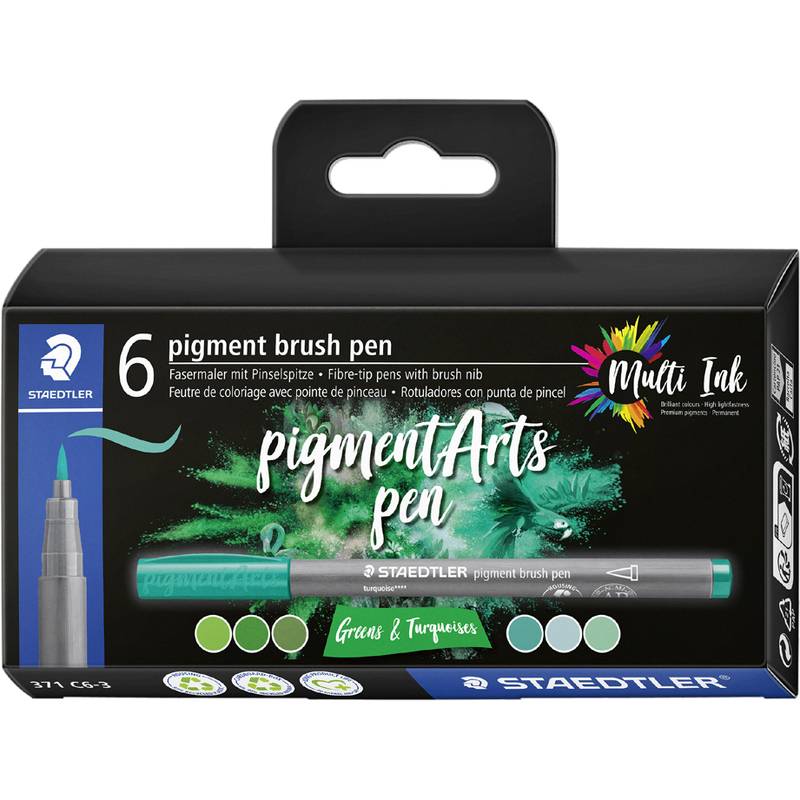 Staedtler Pigment Arts Brush Pen Greens & Turquoises, 6 Farben, Grün, Türkis, Rund, Kunststoff, Polypropylen (PP), Tinte