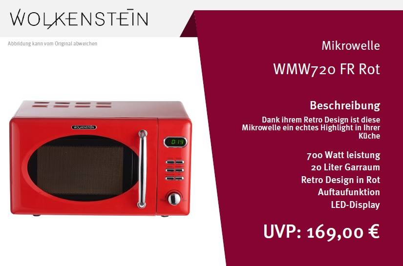 Wolkenstein Mikrowelle MW720 FRW - rot, Retro-Design, 700Watt, 20l, nostalgie