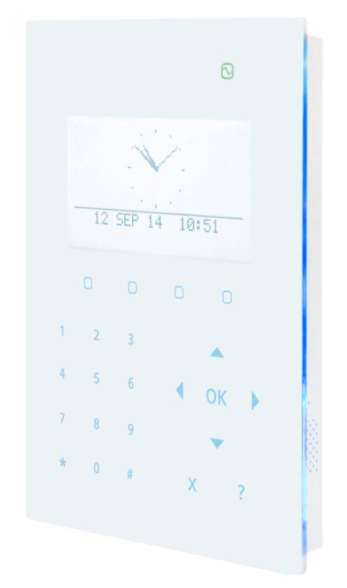 An der Wand montiertes digitales Bedienfeld mit kleinem Display, das „12 SEP 14 10:51