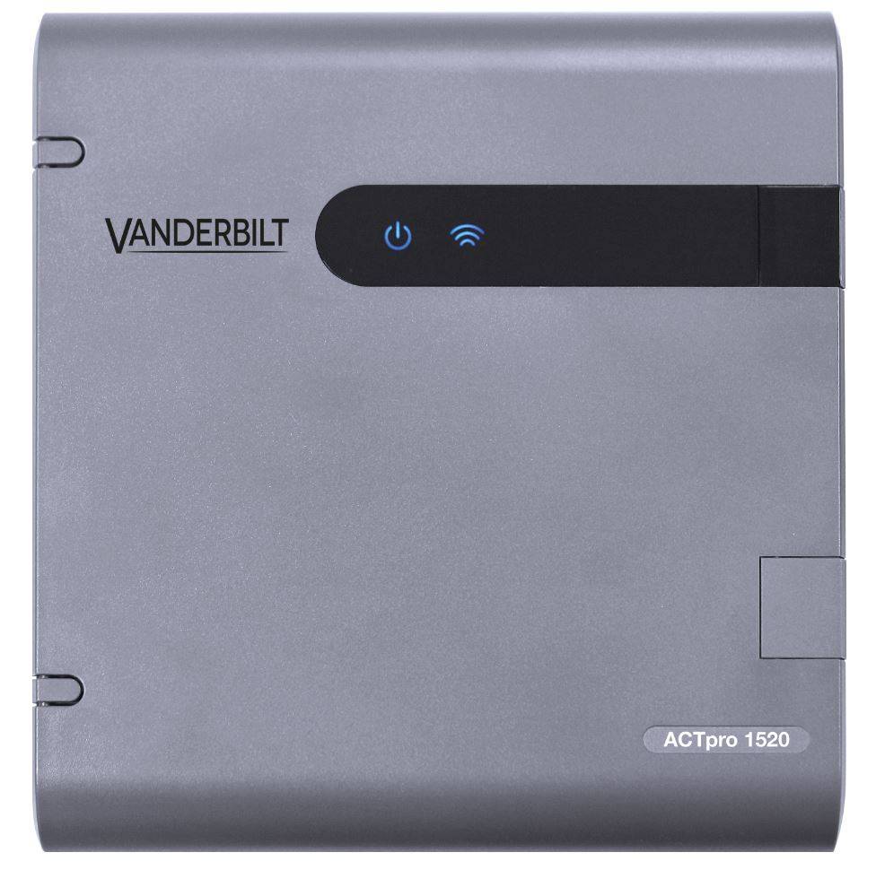 Grau Vanderbilt ACTpro 1520 Zutrittskontrollanlage mit Strom- und Wi-Fi-Anzeigelampen an der Vorderseite.