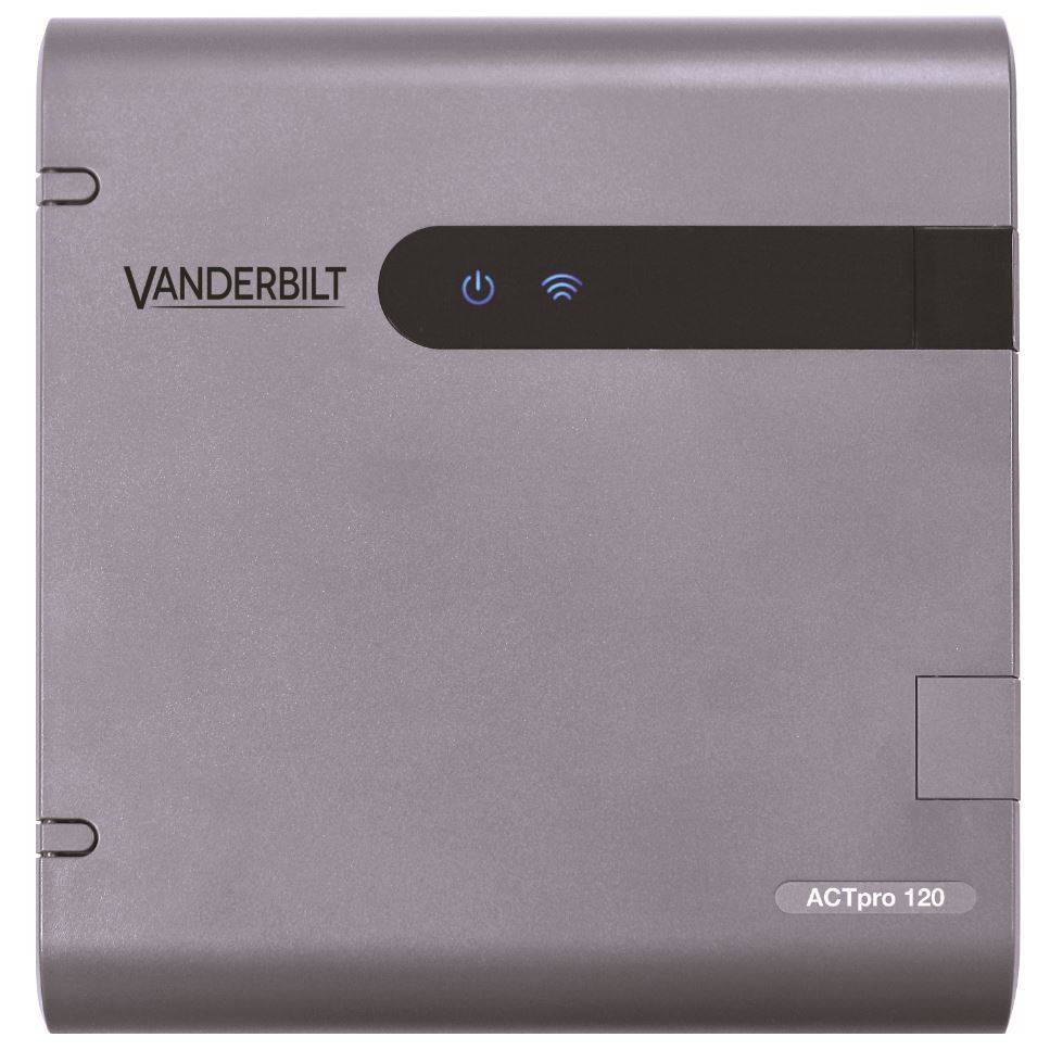Vanderbilt ACTpro 120 Zugangsschutzgerät mit Stromversorgungs- und Funkverbindungs-Anzeigelampen auf einem grauen Metallgehäuse.