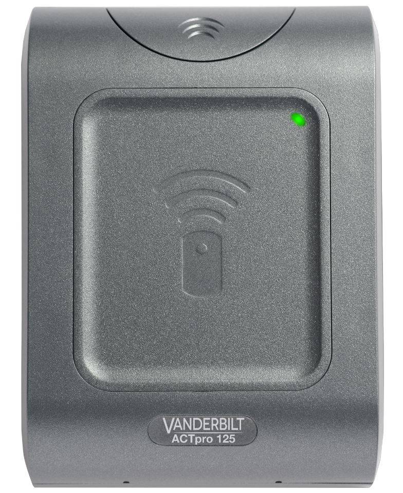 Gray Vanderbilt ACTpro 125 Zugangsleser mit kontaktlosem Kartensymbol und grüner Statusleuchte.