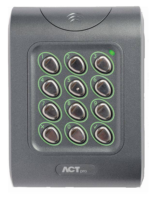 Ein dunkelgrauer ACTpro-Zutrittskontroll-Lesegerät mit 12 nummerierten metallischen Tasten und einer grünen Statusanzeige.