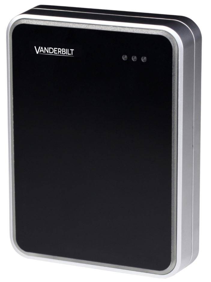 Schwarzes Vanderbilt-Elektronik-Sicherheitslesegerät oder Zugangsschutzgerät mit silbernem Rand und drei Anzeigelichtern auf der Vorderseite.