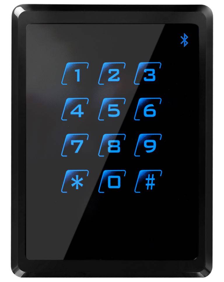 Schwarzes Touchscreen-Tastenfeld-Zugangspanel mit blau beleuchteten Zahlen 1-9, *, 0 und #, plus ein Bluetooth-Symbol in der oberen rechten Ecke.