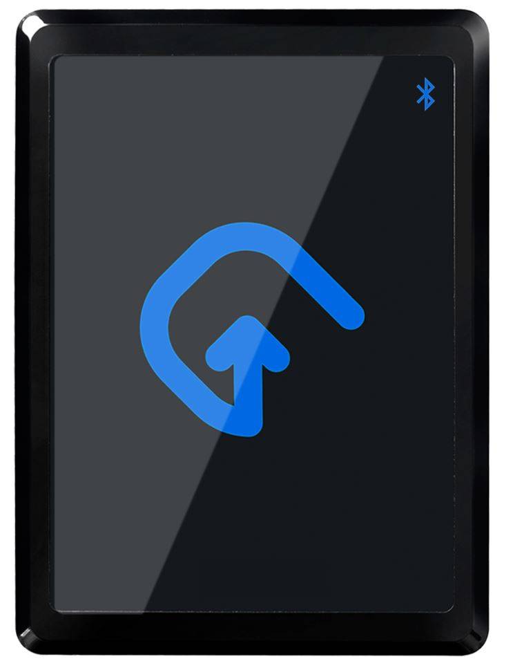 Schwarzes Touchscreen-Gerät mit einem blauen Wireless-Symbol und kleinem Bluetooth-Symbol in der oberen rechten Ecke.