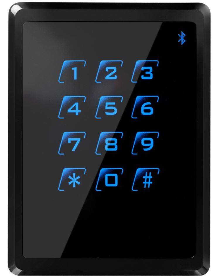 Ein Touchscreen-Ziffernblock mit den Zahlen 1-9, Stern- und Raute-Tasten, in blauem Licht beleuchtet, mit einem Bluetooth-Symbol in der oberen rechten Ecke.