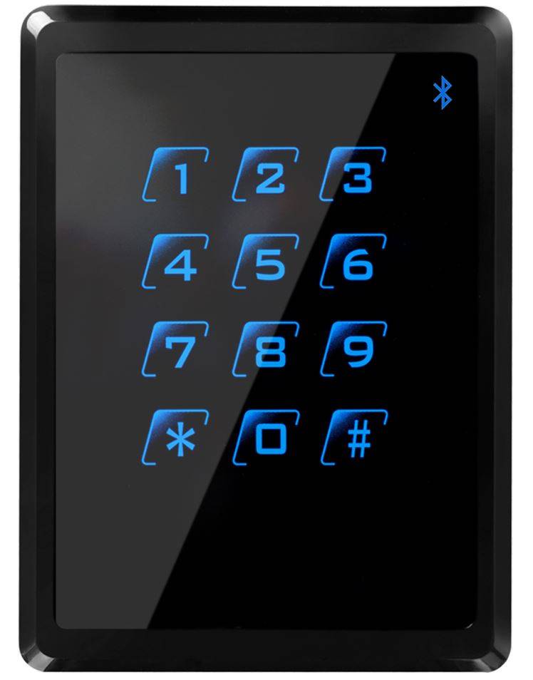 Schwarzes Touchscreen-Bluetooth-Tastenfeld mit blau beleuchteten Tasten 1-9, *, 0 und # sowie einem Bluetooth-Symbol oben rechts.