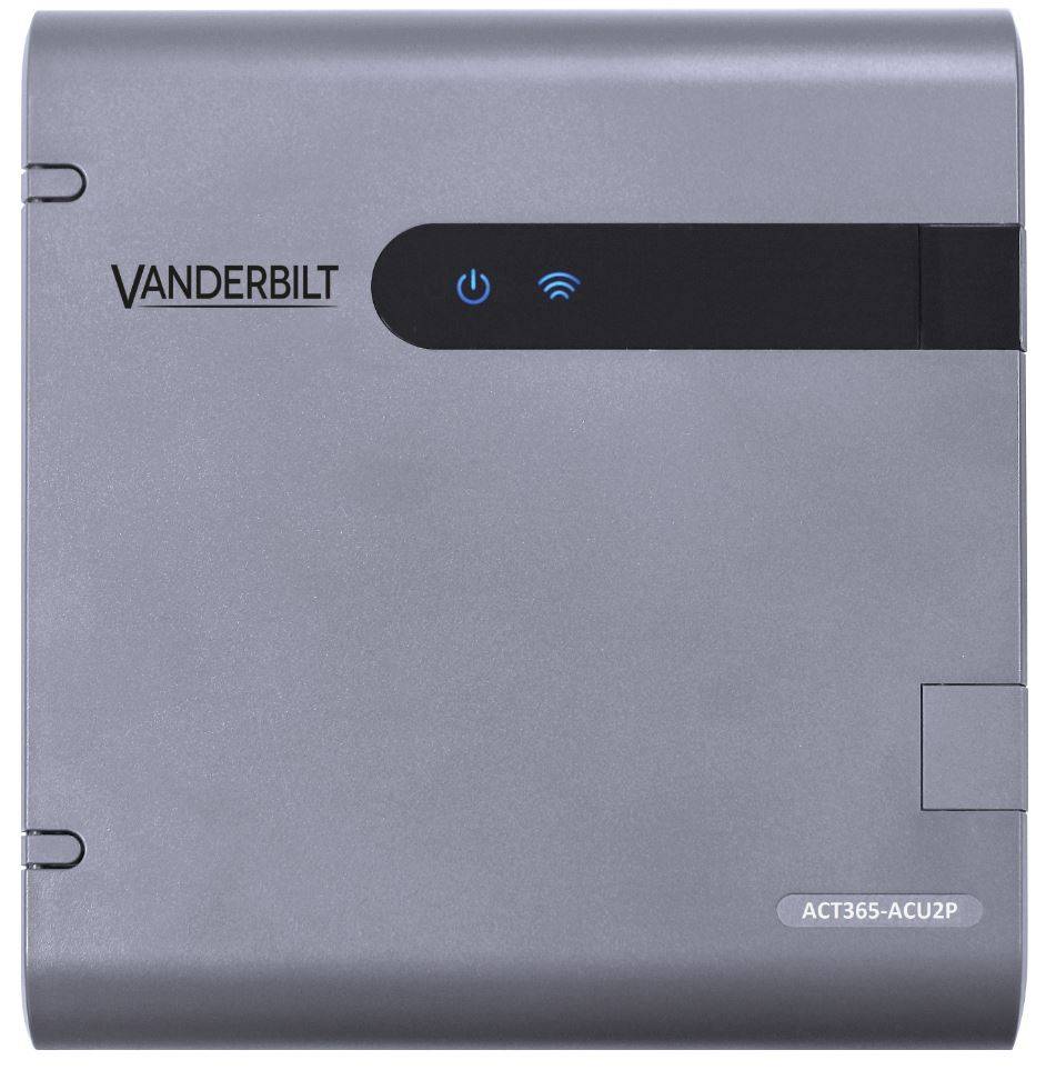 Vanderbilt ACT365-ACU2P Zutrittskontrollgerät mit Stromversorgungs- und Wi-Fi-Statusleuchten auf einem grauen Metallgehäuse.