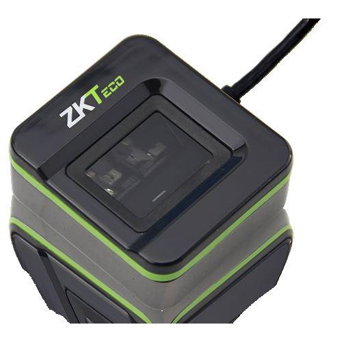 Ein ZKTeco Fingerabdruckscanner mit elegantem schwarz-grünem Design, ausgestattet mit einem kleinen rechteckigen Touchpad zur biometrischen Erfassung.