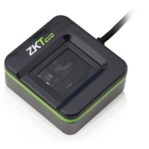 ZKTeco biometrischer Fingerabdruckscanner mit USB-Kabel, gezeigt auf schwarzem Hintergrund