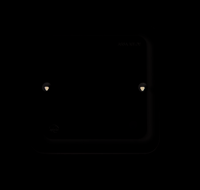 Weiße Assa Abloy Wandmontage-Zugangskontrolleinheit mit zwei Schrauchlöchern und einer grünen Statusleuchte unten rechts.