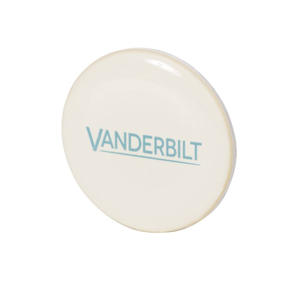 Runder cremefarbener Knopf mit blauem Text „VANDERBILT