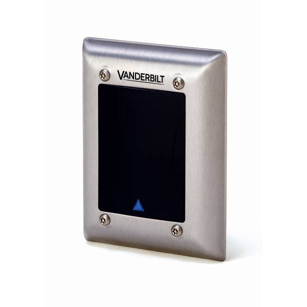 Vanderbilt Edelstahl-Wandzugangsleser mit schwarzem Bildschirm und kleiner blauer Anzeigeleuchte.