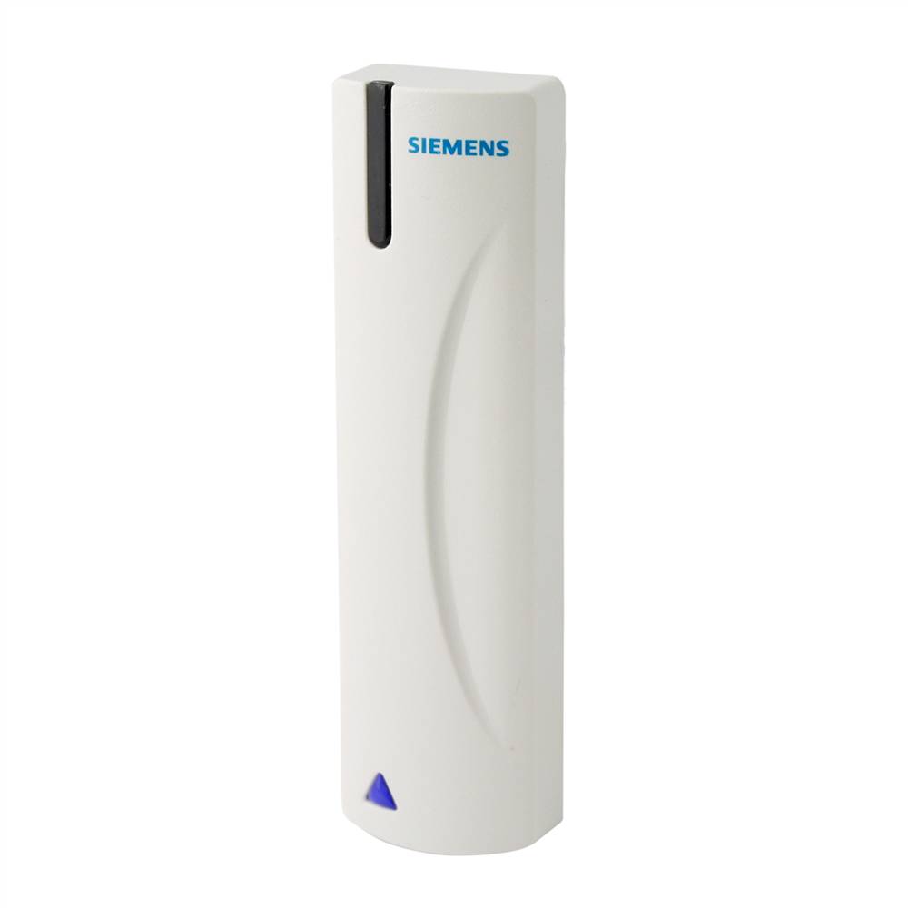 Weißes an der Wand montiertes Siemens-Gerät mit schwarzem vertikalem Indikator, gewölbter Frontplatte und kleinem blauem Dreieck unten auf einfachem Hintergrund.