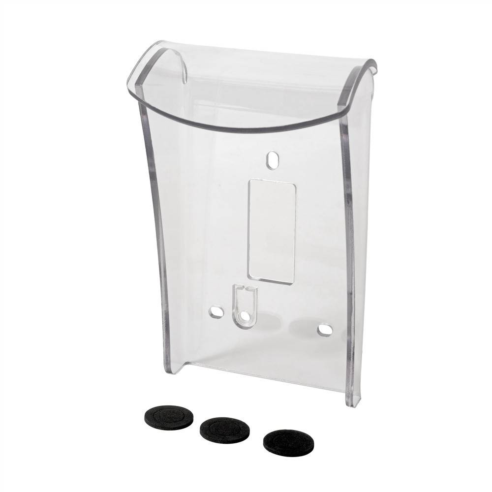 Ein transparenter, wandmontierter Kunststoffhalter, geeignet für Broschüren oder Faltblätter, mit drei Klebepads darunter für eine einfache Installation.