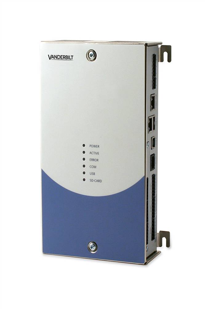 Wandmontierte elektronische Steuereinheit der Marke Vanderbilt mit Status-LEDs und Seitenportanschlüssen, auf weißem Hintergrund dargestellt.