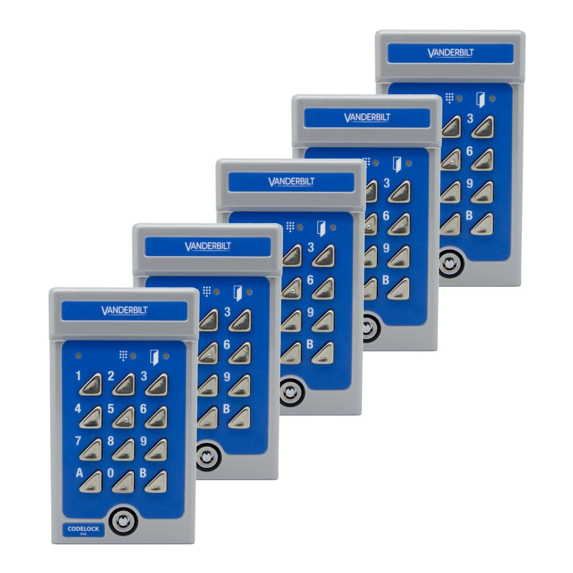 Fünf blaue und graue Bedienfelder mit vertikal angeordneten numerischen Tasten. Jedes Bedienfeld trägt den Schriftzug 