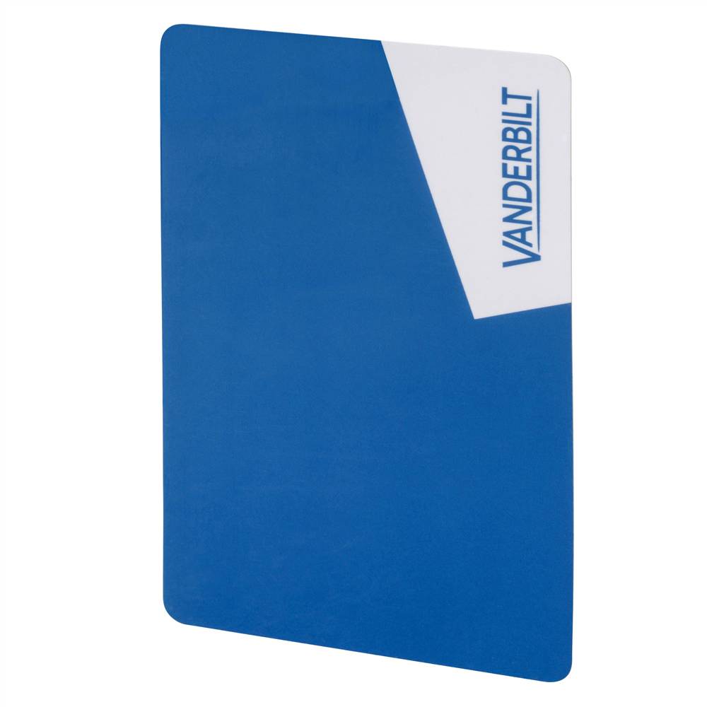 Blaue VANDERBILT-Mappe oder Notizbuchcover mit einem weißen Eckenetikett, das das senkrechte Wort 
