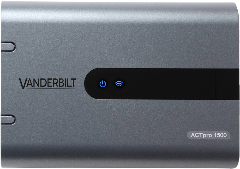 Frontplatte eines Vanderbilt ACTpro 1500 Zutrittskontrollgeräts mit beleuchteten Stromversorgungs- und Wi-Fi-Statussymbolen.