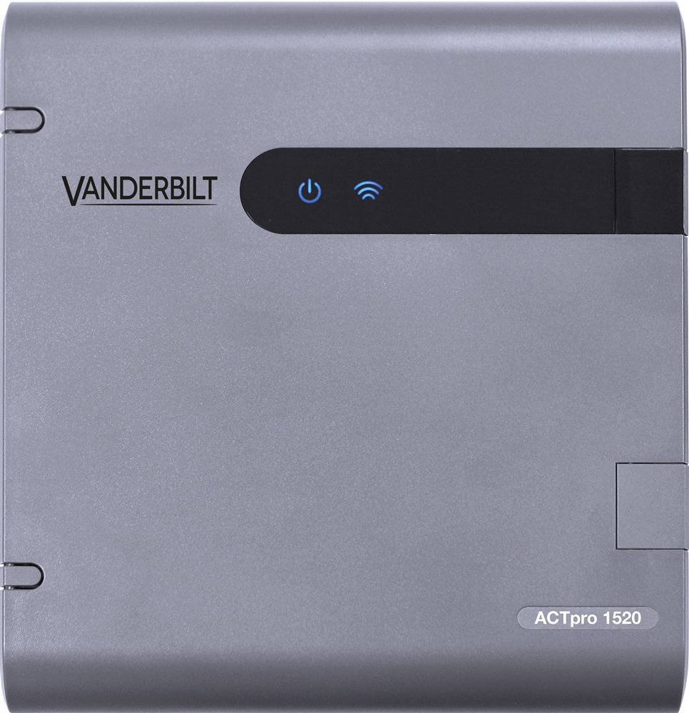 Sicherheitssystemplatine mit 'Vanderbilt' Logo, blauen Strom- und WLAN-Indikatoren, mit der Beschriftung 'ACTpro 1520' in Weiß auf der Metalloberfläche.