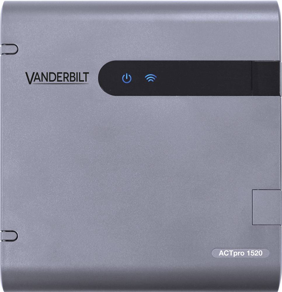 Vorderansicht einer Vanderbilt ACTpro 1520 Zutrittskontrolleinheit mit Stromversorgungs- und Wi-Fi-Anzeigelichtern