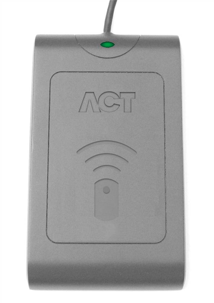 Grauer ACT RFID-Kartenleser mit grüner Kontrollleuchte und angeschlossenem Kabel, der auf der Vorderseite ein drahtloses Scansymbol und ein Logo zeigt.