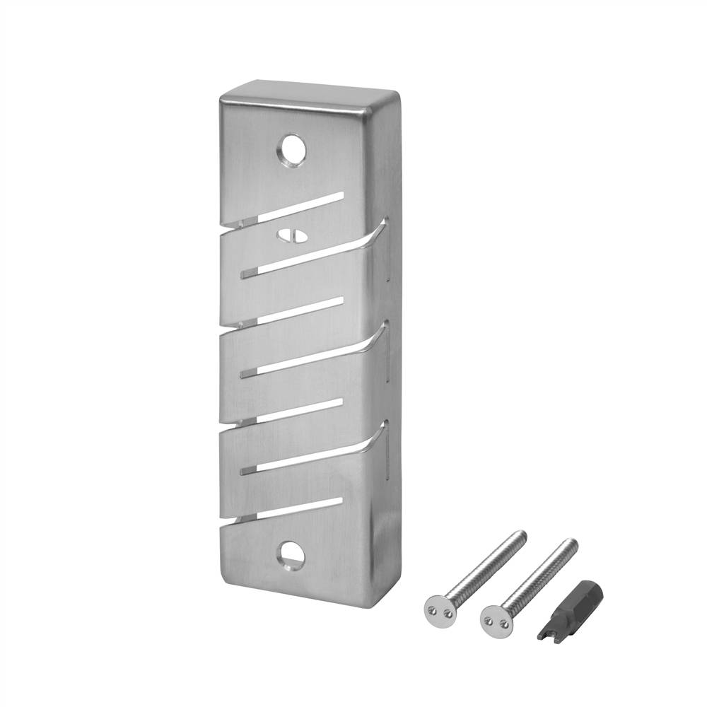 Metall-Wandhalterung mit geschlitzter Vorderseite und zwei Schrauben sowie einem Kunststoffanker, dargestellt auf weißem Hintergrund.