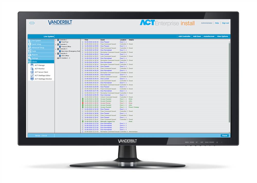 Computer-Monitor zeigt die Vanderbilt ACT Enterprise Install-Verwaltungsschnittstelle mit einem linken Navigationsbereich und einer zentralen Liste installierter Elemente an.