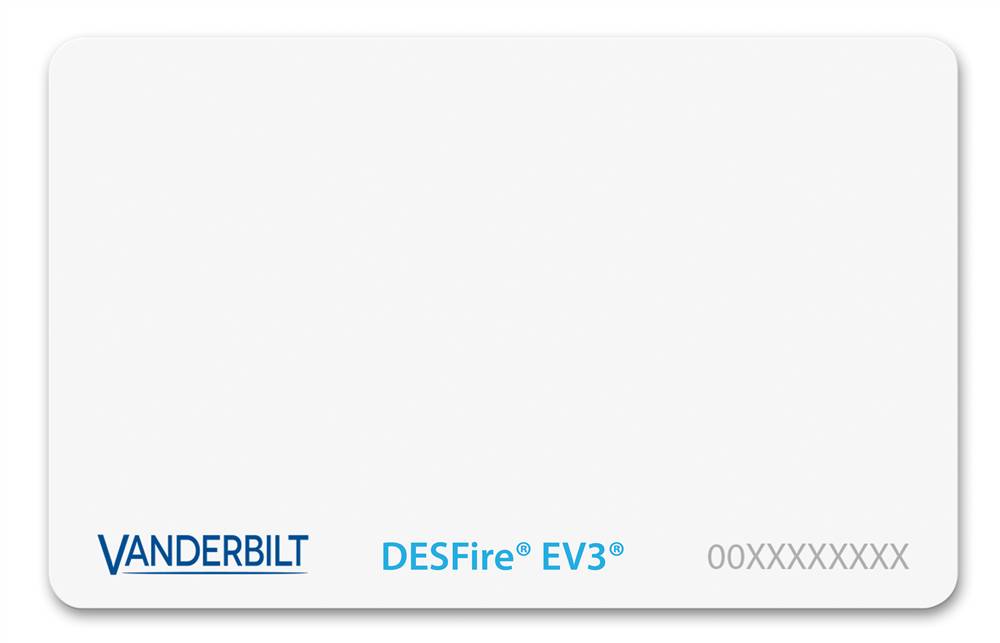 Blanke Vanderbilt DESFire EV3-Karte mit gedrucktem Logo, Produktname und Seriennummernplatzhalter unten.