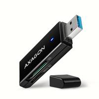 AXAGON USB-Kartenleser in Schwarz mit blauer Anzeigelampe und abnehmbarer Kappe auf weißem Hintergrund.