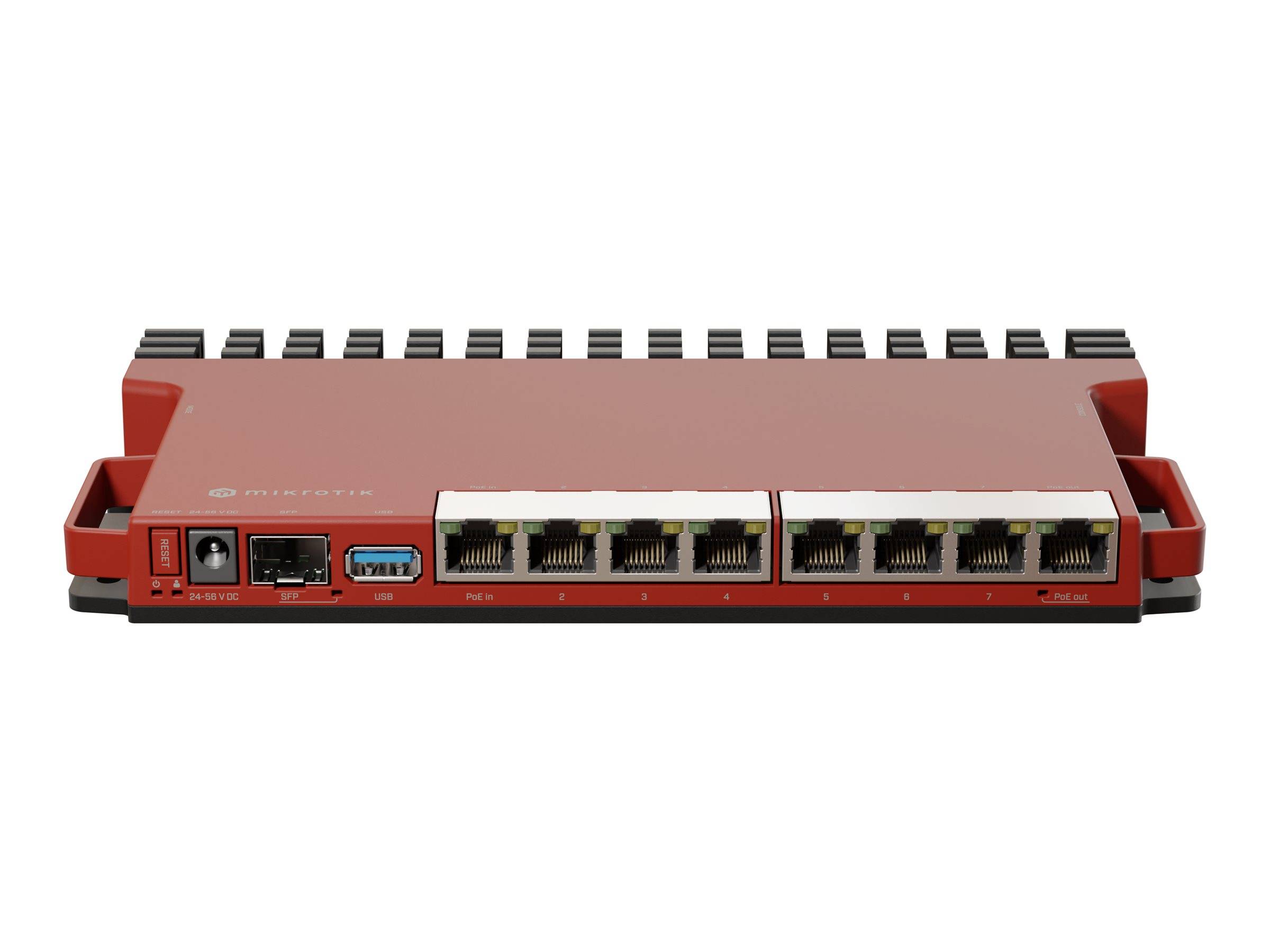 Roter Netzwerk-Router oder Switch mit mehreren Ethernet-Anschlüssen und USB-Anschlüssen auf der Vorderseite, dargestellt vor weißem Hintergrund.