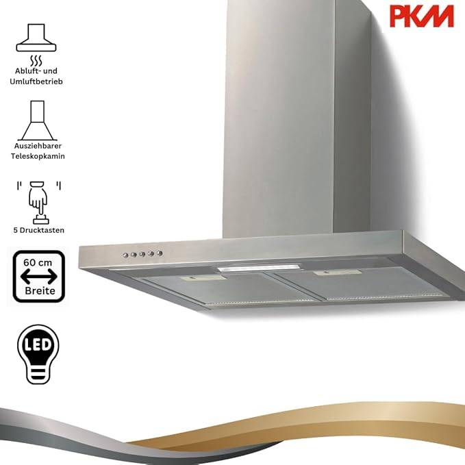 PKM Kaminabzugshaube 6004W - 60cm, Edelstahl, LED, Dunstabzugshaube